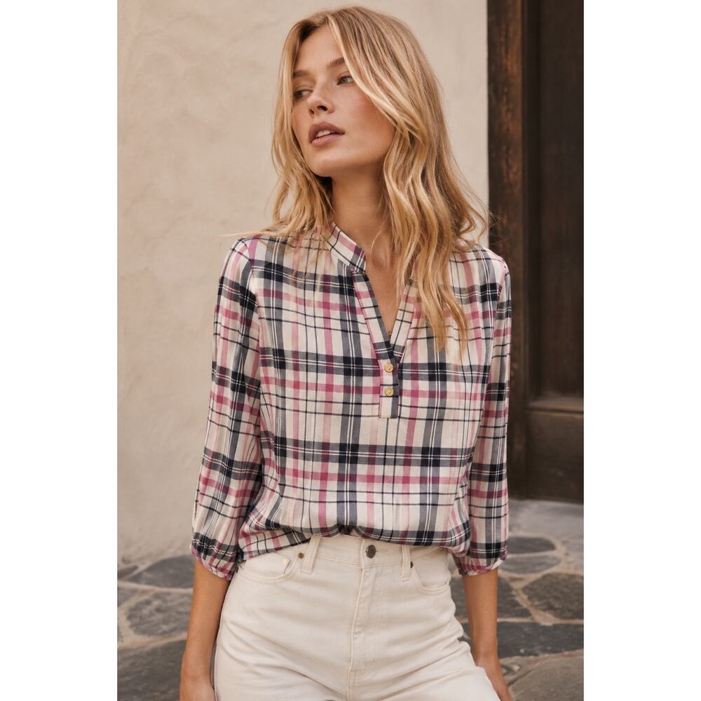 CLAUDIA RICHARD PETITES Plaid V-Neck Henley Blouse 3/4 Sleeve Top Shirt Petite S - Picture 9 of 9